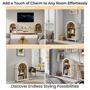 English Elm Arched Three Tier Bookshelf White Frame Woodgrain Shelves Modern Storage for Any Room W2557P428368