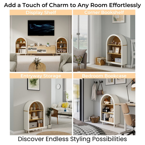 English Elm Arched Three Tier Bookshelf White Frame Woodgrain Shelves Modern Storage for Any Room W2557P428368
