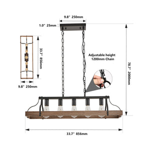 English Elm 34-Inch Industrial Pendant Light with 5 E26 Sockets, Adjustable Chain, Iron Linear Chandelier for Kitchen Walnut W2312P374834