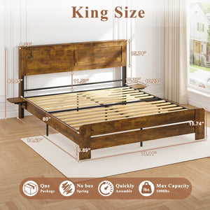 English Elm Farmhouse King Platform Bed Rustic Wood with Led Lighting and Built-in Charging Shelf W1550P366929