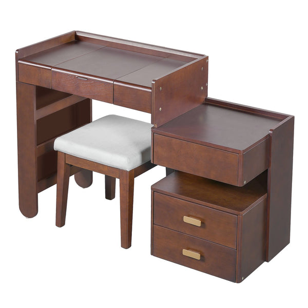English Elm 3-in-1 Makeup Vanity Desk with Flip Mirror, LED 3-Color Lighting, Expandable Length & Ample Storage Drawers Walnut N844P285298W