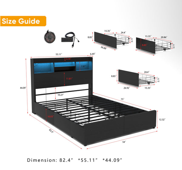 English Elm Full Bed Frame With 6 Storage Drawers, Fast Charging Headboard, Noise-Free Design, Black Finish W2129P387059