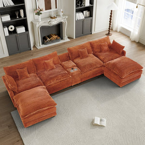 English Elm 148-inch U-shaped Wool Sectional Set with Console Coffee Table and Pillows Orange W2564S00098