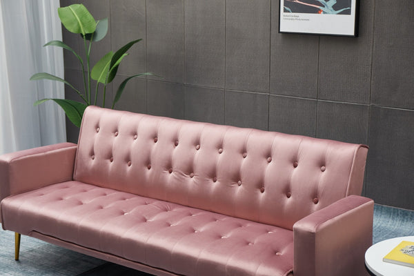 English Elm Sofa Bed Velvet Upholstered Convertible with Gold Metal Legs for Studio Spaces Rose B205P246428