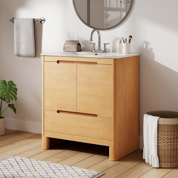 English Elm [video] 30 Inch Freestanding Bathroom Vanity Pine Legs Ceramic Sink Soft Close Storage Oak N759P412928O