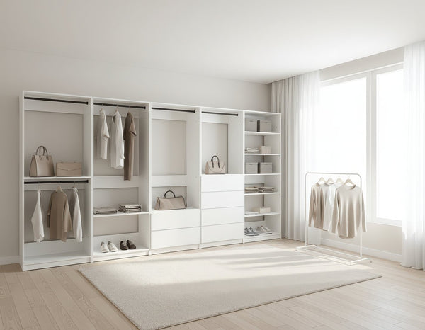 English Elm Prosper White Freestanding Walk-In Wood Closet System with Oak Finish, Durable Melamine Build, Modular Storage Solutions B040S00135