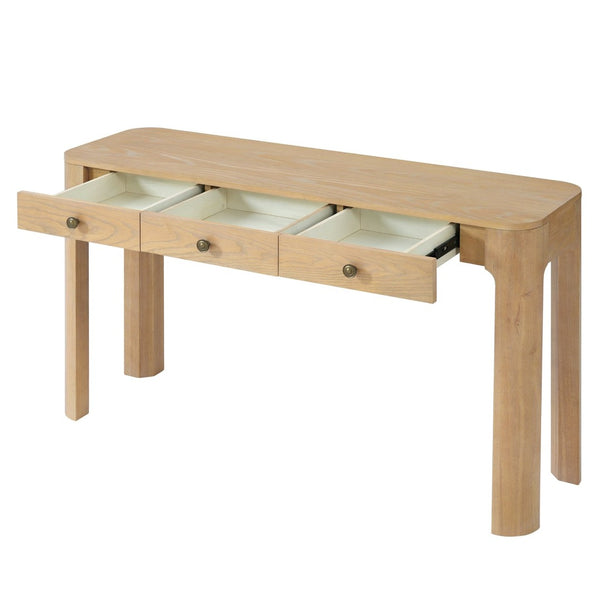 English Elm Trexm Rustic Oak Entryway Console Table with Three Drawers and Rounded Rubberwood Legs N715P361525D