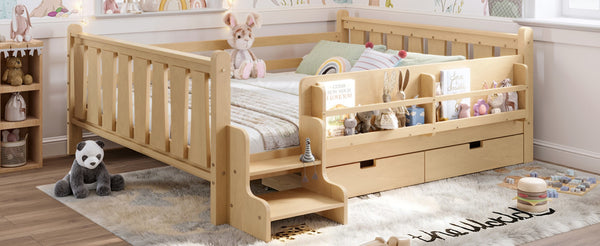 English Elm Queen Bunk Bed with Trundle Solid Pine Kids Car Themed Frame Built-in Bookshelf Light Natural W1580S00544