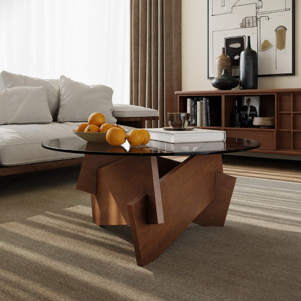 English Elm Modern Round Glass Top Coffee Table with Sculptural Wood Veneer Base for Living Room W2263P434052