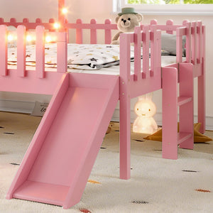 English Elm Twin Playhouse Loft Bed Solid Pine Frame with Slide Led Lights and Star Roof Pink W5316S00006
