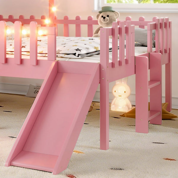English Elm Twin Playhouse Loft Bed Solid Pine Frame with Slide Led Lights and Star Roof Pink W5316S00006