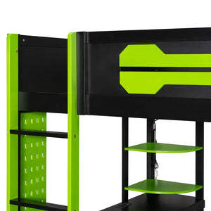 English Elm Full Size Gaming Loft Bed with Rgb Lighting Integrated Desk and Open Wardrobe Green N820S00073F