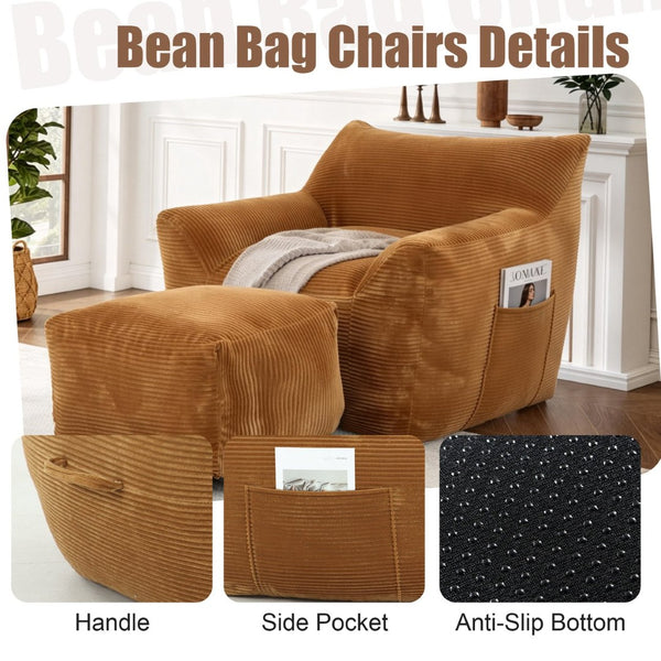 English Elm Bean Bag Chair with Armrests Shredded Foam Fill Oversized Lounge Seat for Adults Brown W5385P433252
