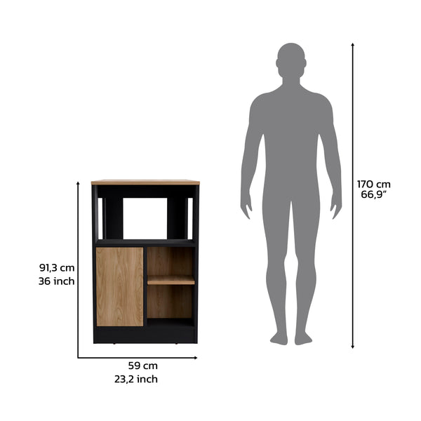 English Elm Kitchen Island 36" H with 36.2" Countertop, 3 Open Shelves & Push-to-Open Cabinet, Black/Natural Oak Durable Blend B097P221381