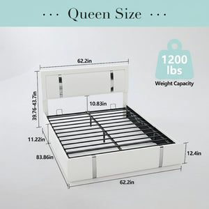 English Elm Queen Platform Bed Wingback Diamond Quilted Headboard Led Lighting Storage Drawers White W5722P462694