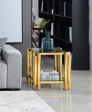 English Elm 20 Inch Square End Table - Modern Gold Stainless Steel & Glass Side Table With Double-Layer Storage W2978S00006