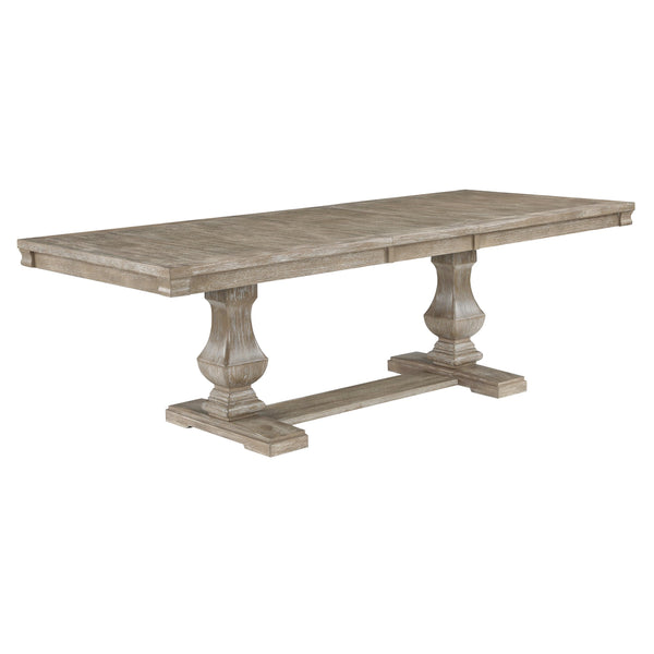 English Elm Traditional Southlake Dining Table with 18" Extension Leaf, Brownish-Gray Wire-Brushed Oak Veneer, Double Pedestal Base B011S01478