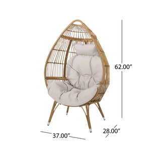 English Elm Christopher Knight Home® - SERINA Teardrop Wicker Outdoor Chair with Water-Resistant Beige Cushion, Light Brown Faux Rattan, Sturdy Iron Frame 69367.00LBRN
