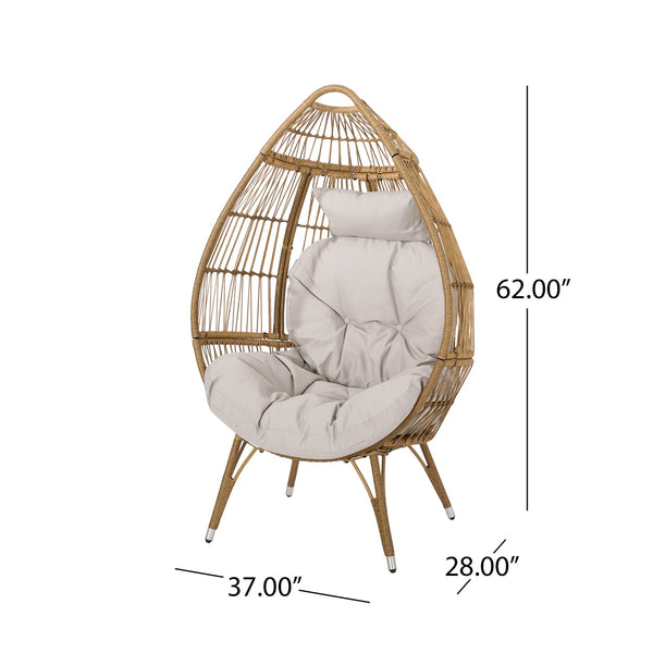 English Elm Christopher Knight Home® - SERINA Teardrop Wicker Outdoor Chair with Water-Resistant Beige Cushion, Light Brown Faux Rattan, Sturdy Iron Frame 69367.00LBRN