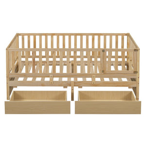 English Elm Twin Pinewood Daybed with Fence Guardrails Splits Into Two Floor Beds Storage Natural LP100881AAN