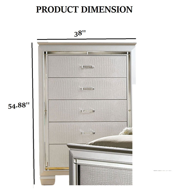 English Elm Contemporary Chic Chest with Gold Accents, Acrylic Trim, Metal Bracket Legs and Dust‑Proof Drawers Silver 42 L x 22 W x 59 H B2741P371015