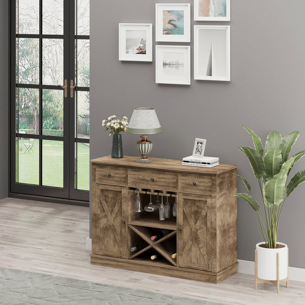 English Elm Homcom Rustic Oak Farmhouse Coffee Bar Cabinet With Wine Rack, Drawers & Versatile Storage Solutions W2225P217399