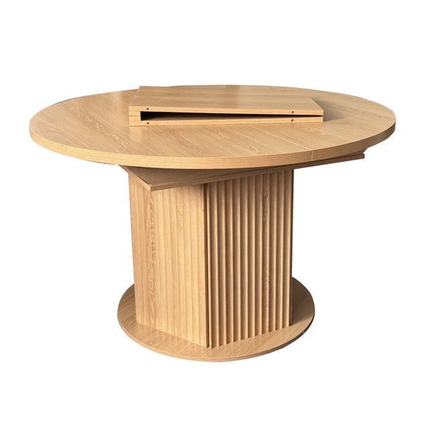 English Elm Round Adjustable Dining Table 47–63" for 4–6, Light Brown MDF & Rubberwood, Bump-Texture Base, 300lb Capacity W1347P296655