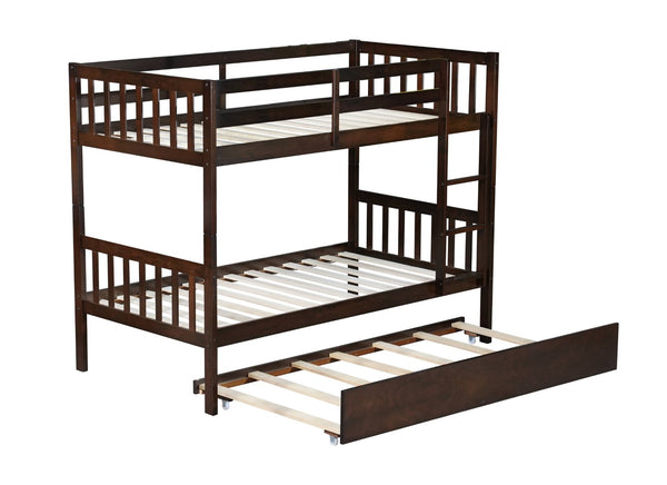 English Elm Twin Over Twin Rubberwood Bunk Bed With Trundle - Space-Saving Design, Espresso Finish, Safety Features W504S00158-GIGA