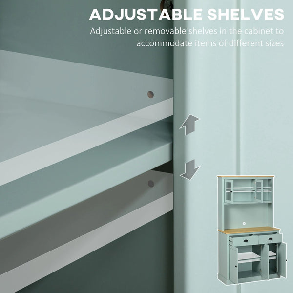 English Elm Light Blue Freestanding Pantry Cabinet with Glass Doors Drawers and Adjustable Shelves T3971S00055