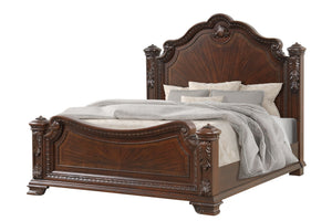 English Elm Traditional Vintage Queen Bed with Intricate Wood Carvings, High Headboard, Warm Walnut Finish, Box Spring Required B009S01347