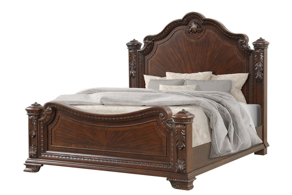 English Elm Traditional Vintage Queen Bed with Intricate Wood Carvings, High Headboard, Warm Walnut Finish, Box Spring Required B009S01347