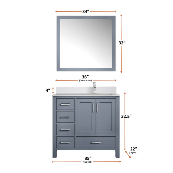 English Elm Dark Grey Bath Vanity With Right Offset White Quartz Top, Chrome Faucet, And Matching Mirror Set B2731S01263