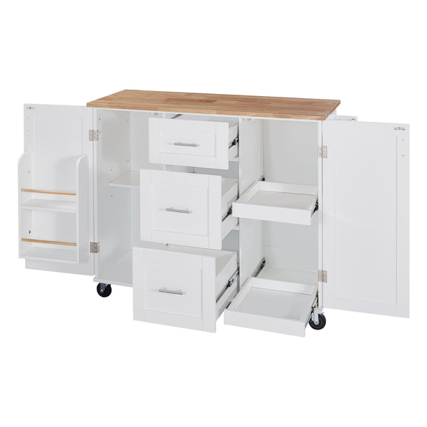 English Elm K&K Rolling Kitchen Island with Rubber Wood Top, 3 Drawers, Slide-Out Shelves & Locking Wheels for Organized Culinary Storage and Mobility White WF316599AAW