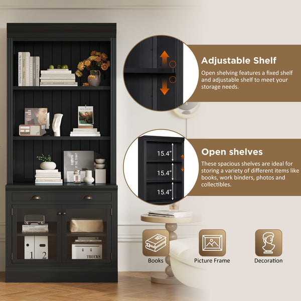 English Elm 83.4"Tall Modern Bookcase With Glass Doors & Drawer - Stylish Storage For Living Room & Office Decor N751S323419B