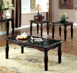 English Elm Traditional Espresso 3-Piece Coffee & End Table Set with Faux Marble Tops, Carved Turned Legs, Solid Wood Finish B011P206780