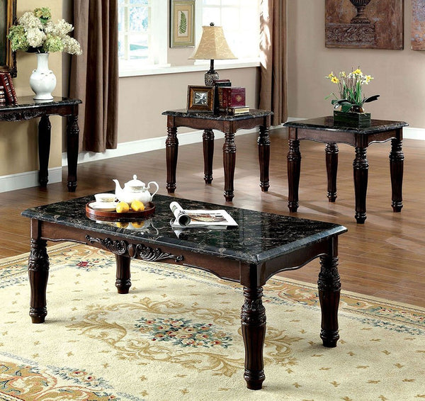 English Elm Traditional Espresso 3-Piece Coffee & End Table Set with Faux Marble Tops, Carved Turned Legs, Solid Wood Finish B011P206780