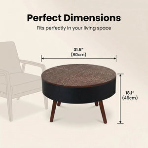 English Elm 31.5-inch Round Carved Wood Coffee Table Vintage Distressed Finish Living Room Accent W3935P406032