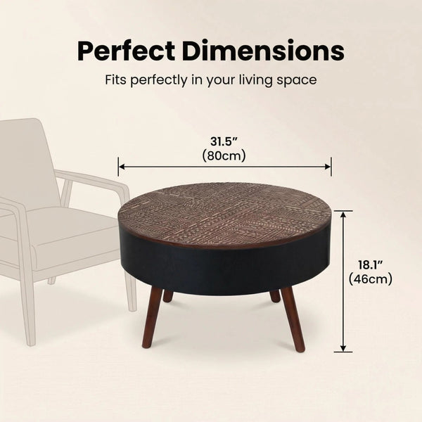 English Elm 31.5-inch Round Carved Wood Coffee Table Vintage Distressed Finish Living Room Accent W3935P406032