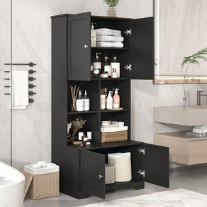 English Elm Tall and Wide Bathroom Floor Storage Cabinet, Bathroom Storage Unit, Freestanding Cabinet With 4 Doors, Adjustable Shelves, Open Multi-Layer Shelves, Black