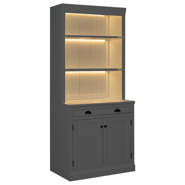 English Elm 83.4"Tall Bookcase with 3 LED Lights, Modern White Bookshelf with 2 Doors 1 Drawer & Adjustable Shelves SR000002AAK