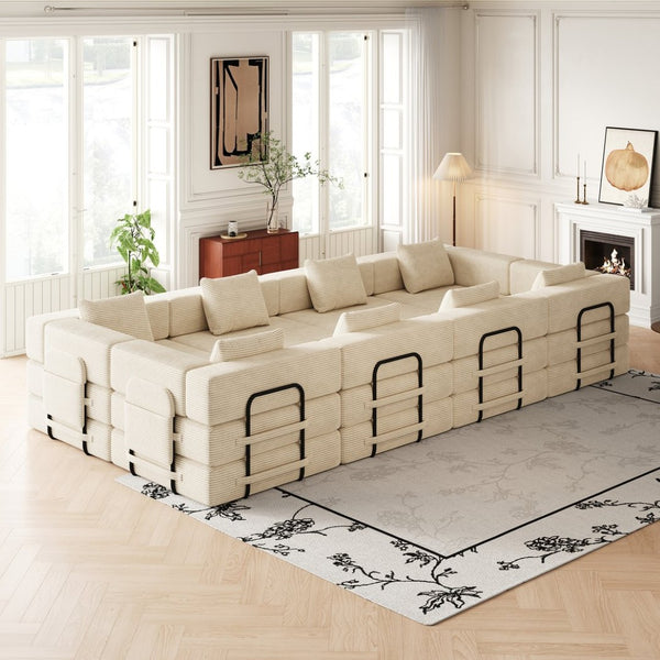 English Elm 8 Seater Corduroy Floor Sofa Bed with Storage Pockets and Modular Cushion Design W3505S00023