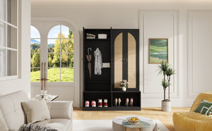 English Elm Rattan Door Hall Tree Bench with 6 Hooks Farmhouse Entryway Storage N721S000074B