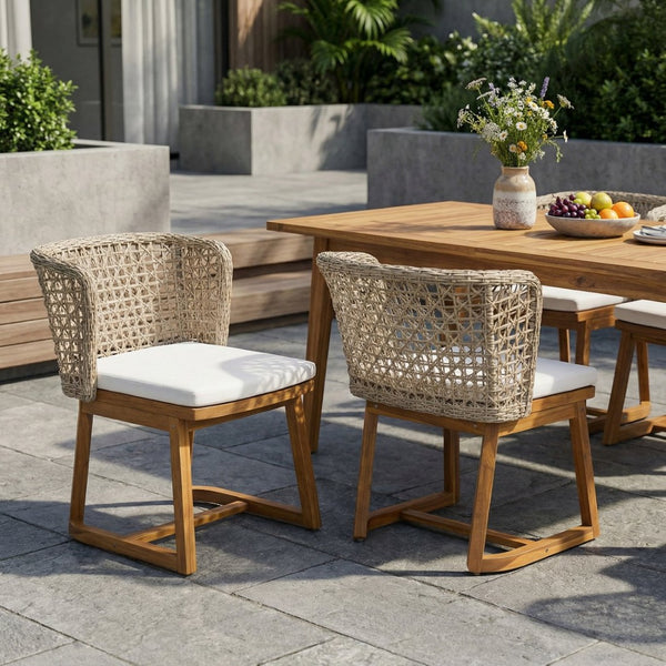English Elm Outdoor Acacia Wood Patio Dining Chairs Set of 2 Wicker Back with Cushioned Seat N773P306706B