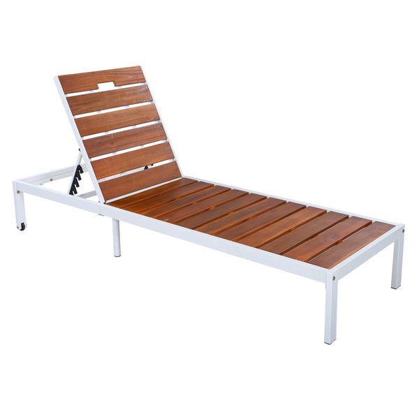 English Elm Outdoor Acacia Wood Slat Chaise Lounge with Powder Coated Frame for Patio Resort Brown,White N719P383161K