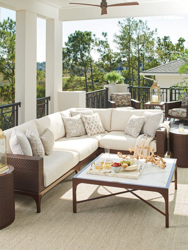 Lexington Tommy Bahama Outdoor 3420-945 Stylish Square Cocktail Table With Durable Sintered Stone Top For Elegant Outdoor Living Medium Brown Wood 3420-945