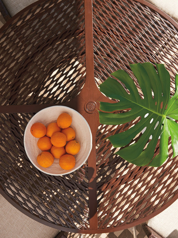 Lexington Tommy Bahama Outdoor 3420-870c Elegant Round Dining Table With Artisan Finish, White Sintered Stone Top & Woven Leather Medium Brown Wood 3420-870c