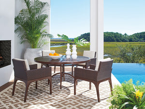 Lexington Tommy Bahama Outdoor 3420-870c Elegant Round Dining Table With Artisan Finish, White Sintered Stone Top & Woven Leather Medium Brown Wood 3420-870c