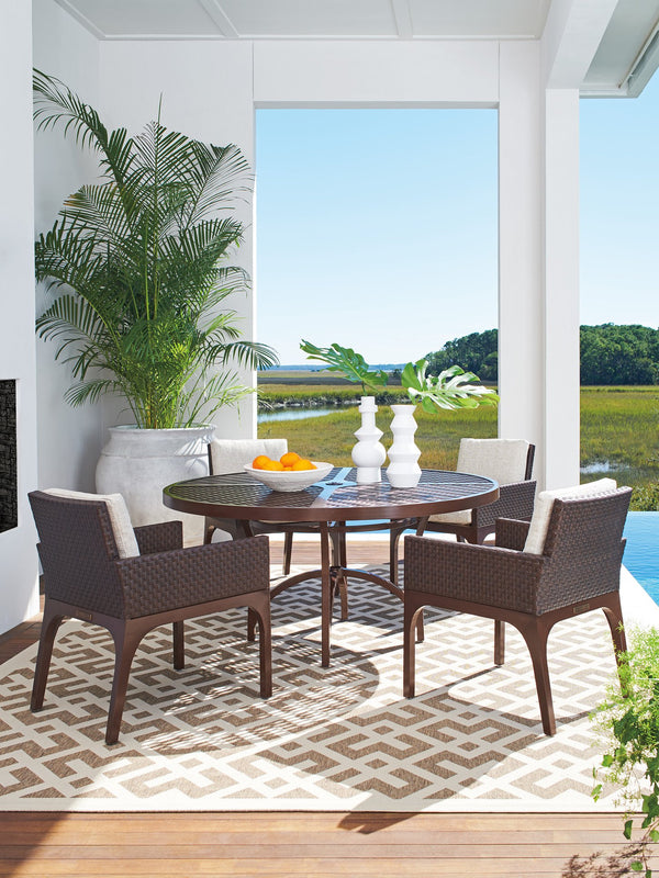 Lexington Tommy Bahama Outdoor 3420-870c Elegant Round Dining Table With Artisan Finish, White Sintered Stone Top & Woven Leather Medium Brown Wood 3420-870c