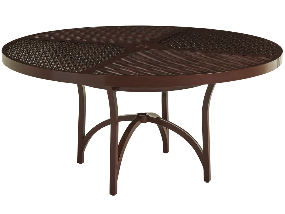 Lexington Tommy Bahama Outdoor 3420-870c Elegant Round Dining Table With Artisan Finish, White Sintered Stone Top & Woven Leather Medium Brown Wood 3420-870c