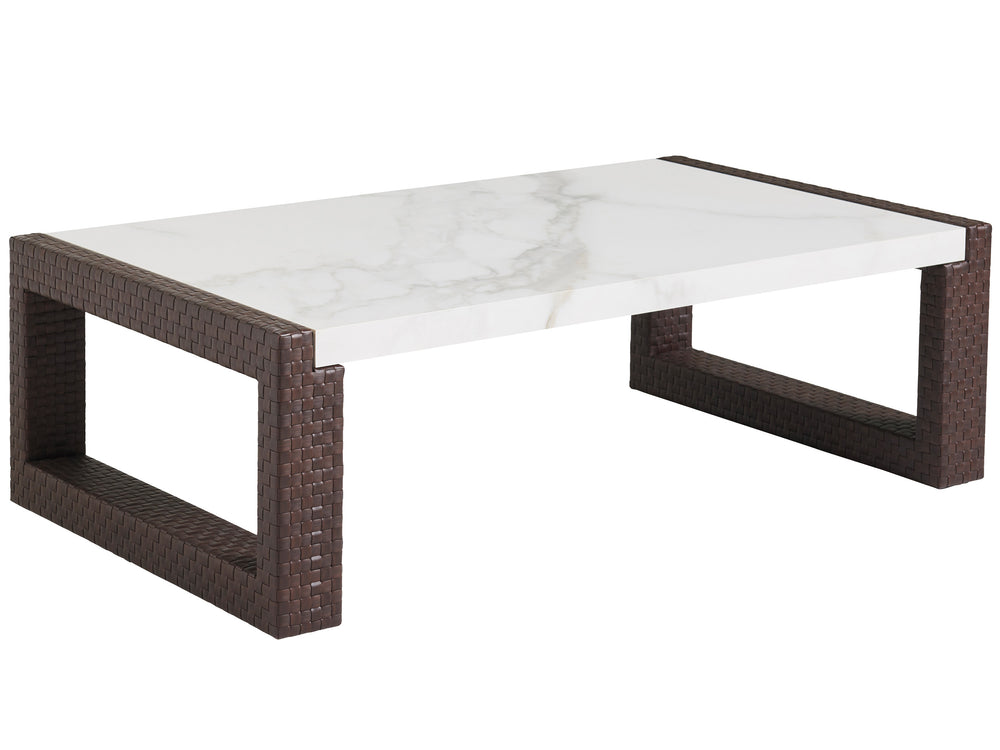 Lexington Tommy Bahama Outdoor 3420-947 Elegant Rectangular Cocktail Table With Woven Leather Look And Durable Sintered Stone Top Medium Brown Wood 3420-947